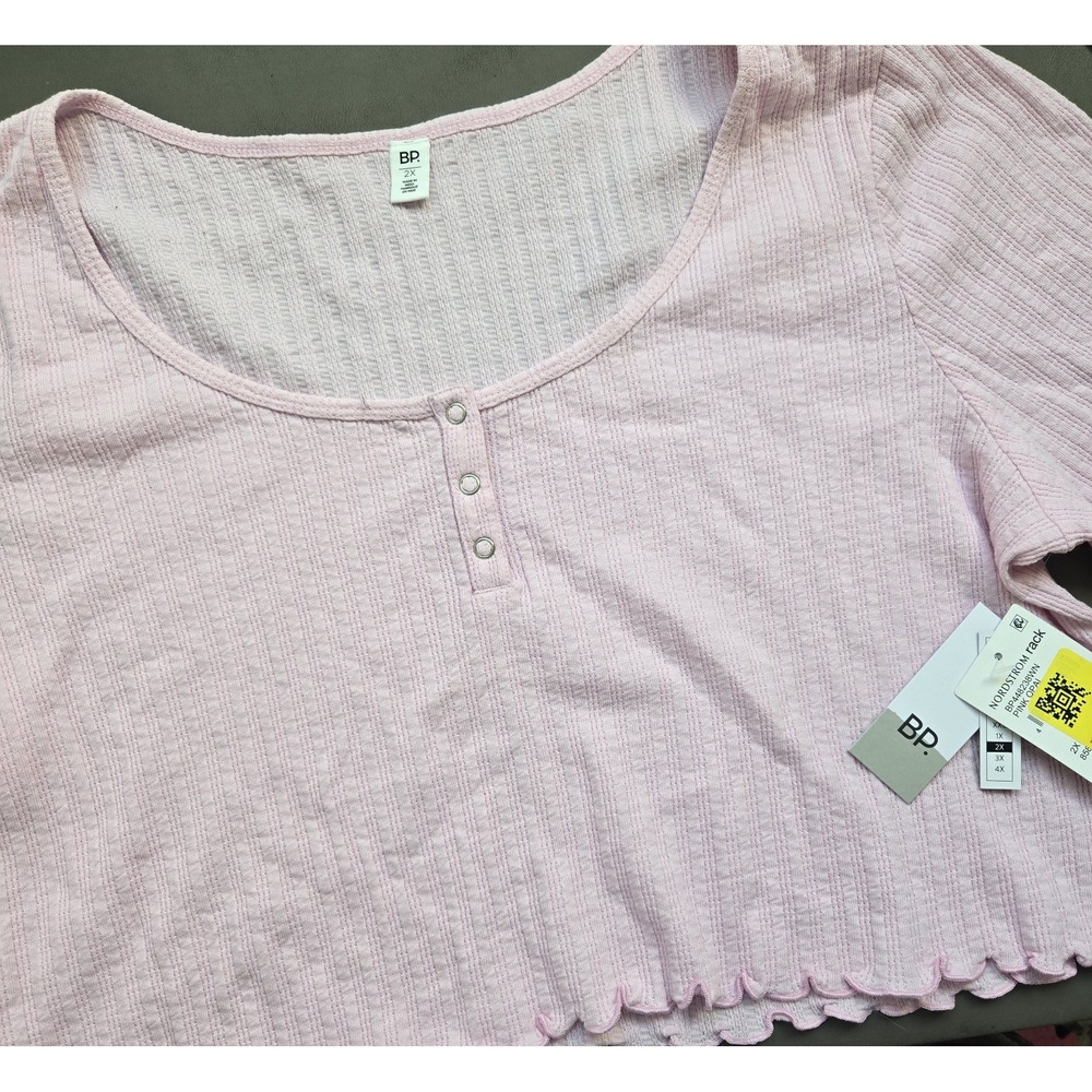 BP Pink Ribbed Henley Crop Top Short Sleeve Lettuce Edge Plus Size 2X NWT
